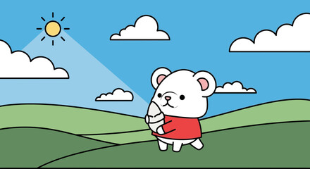 Cute cartoon bear holding an egg outdoors in a sunny landscape, children's illustration © adi