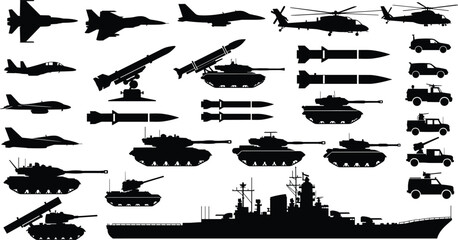 Military Vehicle and Weapon Silhouette Vector Collection with Fighter Jets, Tanks, Helicopters, Missiles, Warships, and Combat Transport Equipment © Minara