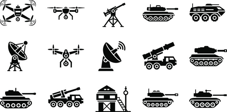 Military Equipment Silhouette Vector Collection with Tanks, Drones, Radar Systems, Missile Launchers, and Armored Combat Vehicles