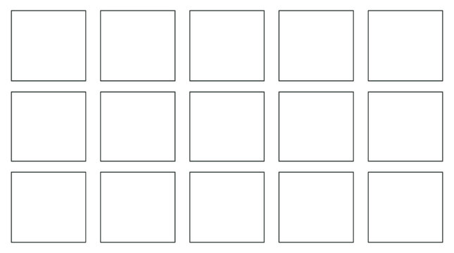 Empty grid of sixteen square frames arranged in four rows and four columns