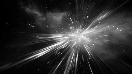 黒背景に白い光が放射状に広がる抽象背景、スピード感と輝きを表すモノクロライト素材 © 秀晃 岡庭