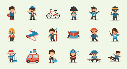 Fototapeta premium Diverse Cartoon Characters and Objects Collection - People, Vehicles, Sports, Work