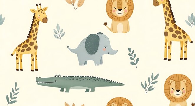 Cartoon animals pattern giraffe elephant lion and crocodile design