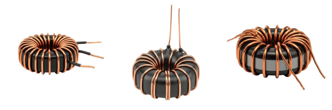 Ferrite core inductor electronic hardware component specimen showcasing solid state physical morphology traits, microelectronics electrical network topology parameters, architectural circuit layout