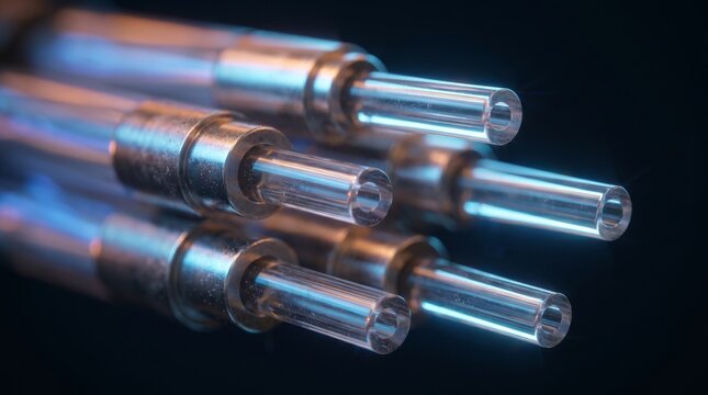 Extreme macro close-up view of multiple illuminated fiber optic cables, symbolizing data transmission and connectivity in a technological context