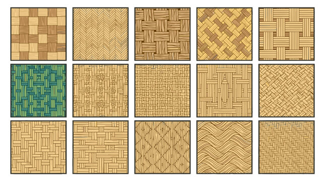 Set of various wooden parquet flooring patterns and textures