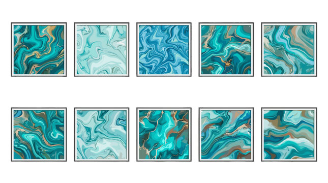 Set of ten abstract marble pattern tiles with swirling blue tones