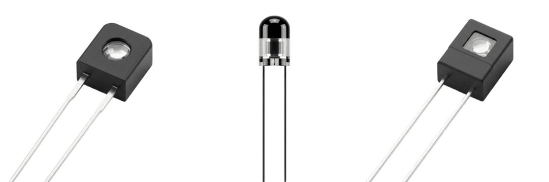 Photodiode electronic hardware component specimen showcasing solid state physical morphology traits, microelectronics electrical network topology parameters, architectural circuit schematic rendering