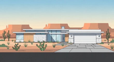 Fototapeta premium Modern Mid-Century Minimalist House in Desert Landscape with Cacti and Red Rock Mountains Vector Illustration