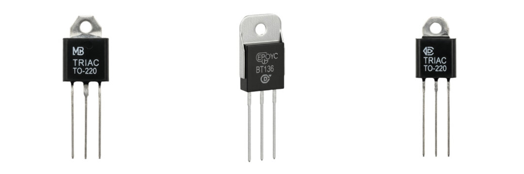 TRIAC electronic hardware component specimen showcasing solid state physical morphology traits, microelectronics electrical network topology parameters, architectural circuit schematic blueprint trace