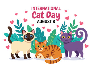 Fototapeta premium Cute Domestic Cats Celebrating International Cat Day on August 8 with Hearts and Tropical Leaves Flat Vector Illustration for Pet Marketing