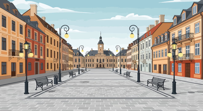 European Town Square, Historic Buildings, Cobblestone Plaza, Daylight Scene