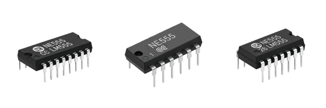 Timer IC electronic hardware component specimen showcasing solid state physical morphology traits, microelectronics electrical network topology parameters, architectural circuit schematic layout data