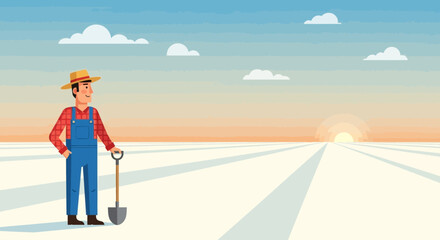 Farmer with shovel standing in vast field at sunrise, looking towards horizon © Andi
