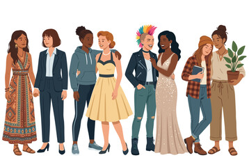Obraz premium Group diverse friends multicultural illustration depicting various ethnicities gender clothing styles dresses casual outfits supportive interactions hugging laughing holding hands comforting embracing