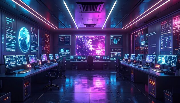 Futuristic computer lab with neon lights.