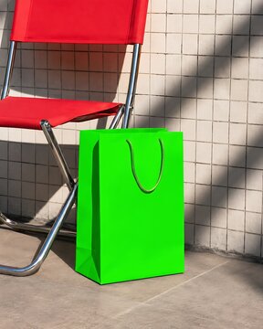 Minimalist green screen paper bag mockup standing next to red chrome folding chair against tiled wall
