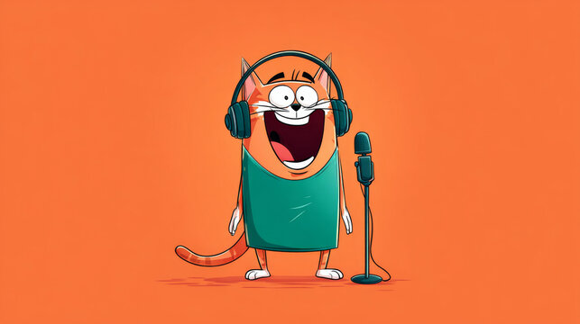 Expressive cartoon cat upbeat mood clear facial expression wearing headphones singing microphone
