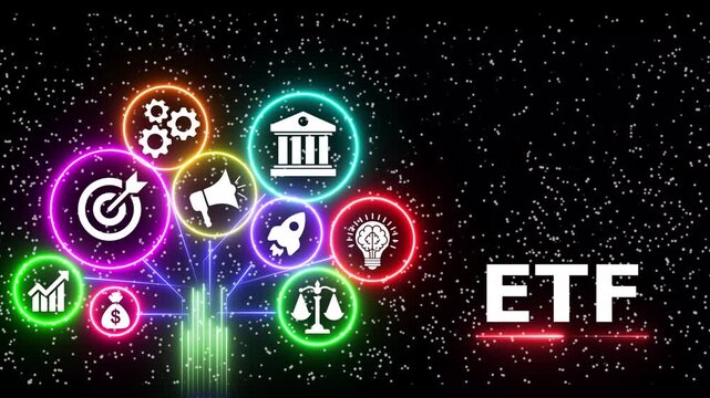 Etf investment concept video with glowing neon digital icons on starry background.