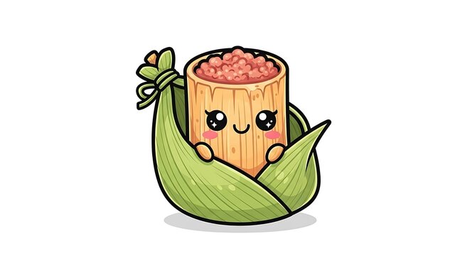 Cartoon tamale character with smiling face wrapped in green corn husk