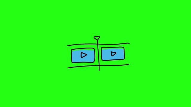 Animated doodle video editing timeline with playhead and clip thumbnails on green screen and white background. Sketch motion graphic for video editor, content creator, and media production