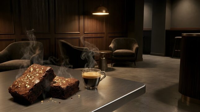 Luxury chocolate brownies paired with an espresso shot in a modern caf&eacute; setting, moody lighting, elegant dark tones, realistic steam, gourmet dessert photography, ultra detailed