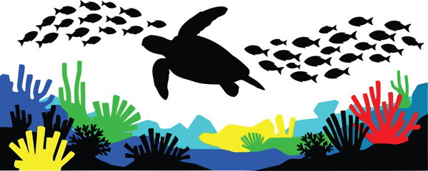 Sea Turtle Swimming Over Colorful Coral Reef Underwater Silhouette with Tropical Marine Life © SAIF820