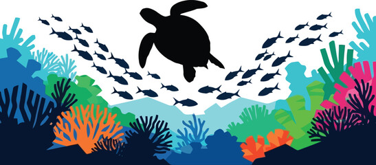 Colorful Tropical Coral Reef with Sea Turtle Silhouette and School of Fish Underwater Scene © SAIF820