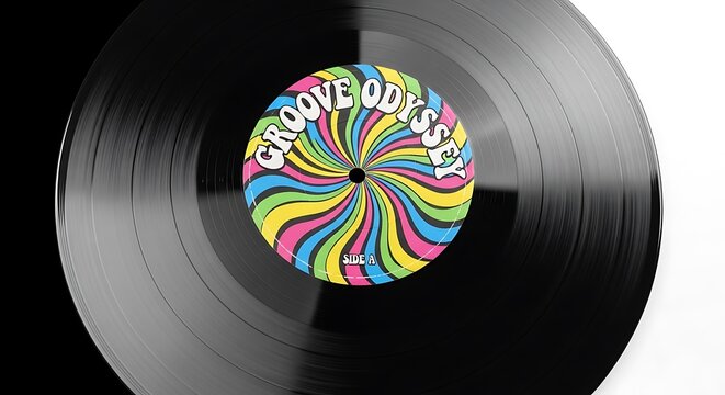 Close up of a vinyl record with colorful label isolated on white background