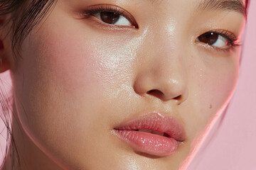 Naklejka premium Radiant dewy Korean skin with glossy shine, close up of flawless moist complexion, subtle pink blush and natural makeup highlighting pores and texture, soft lighting evokes fresh luminous glow