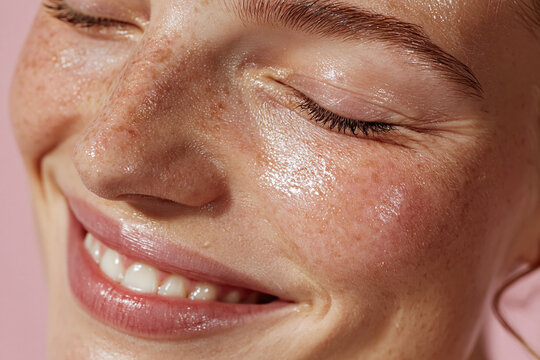 Glossy dewy skin freckle close up smiling closed eyes natural makeup portrait female youth pink background