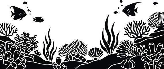 Black and White Underwater Coral Reef Silhouette Decorative Border with Fish and Sea Plants © SAIF820