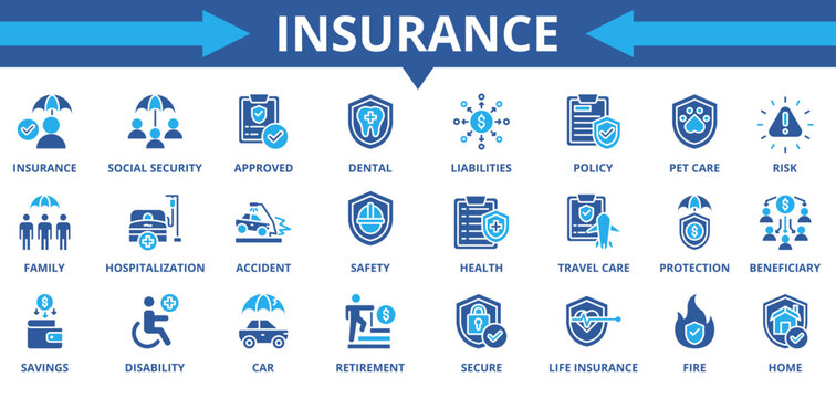 Insurance icon collection set. Containing policy, social security, approved, travel care, liabilities, savings, financial, health icon. Simple flat vector
