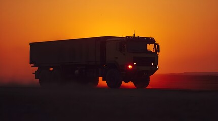 Fototapeta premium Silhouette of a heavy military tactical cargo truck driving through a dusty desert road during a dramatic orange sunset sky logistics defense concept