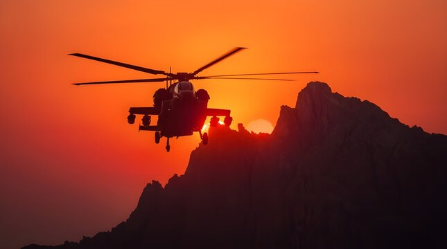 Silhouette of a modern military attack helicopter flying over a rugged mountain peak during a dramatic golden orange sunset sky aviation defense concept