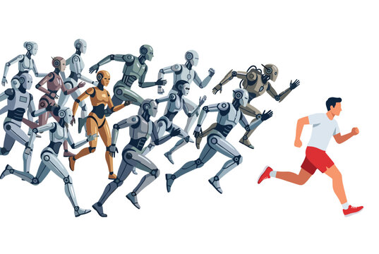 Human male athletic young running chased robots humanoid futuristic. Diverse androids mechanical competition pursuit futuristic machines possible threat. Dynamic movement excitement race digital