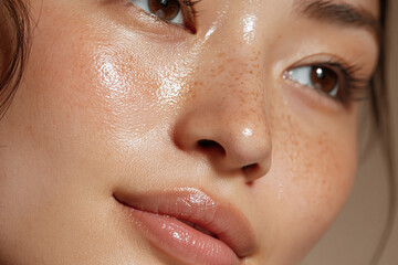 Fototapeta premium Glowing close up of Japanese skin with soft light highlighting dewy complexion, freckles, and smooth texture conveying natural radiance and gentle mood