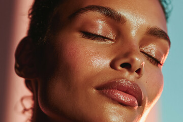 Fototapeta premium Glowing complexion close up portrait of woman with dewy skin, closed eyes, soft makeup, and relaxed expression in warm directional light