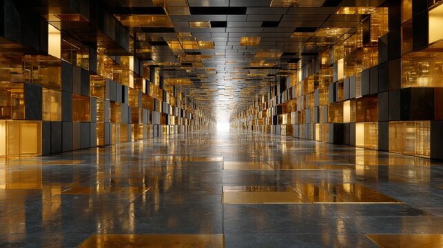 Endless three-dimensional metallic corridor with golden and black grids and cubes, representing compressed time, featuring dynamic motion, distorted gravity, and cinematic volumetric lighting