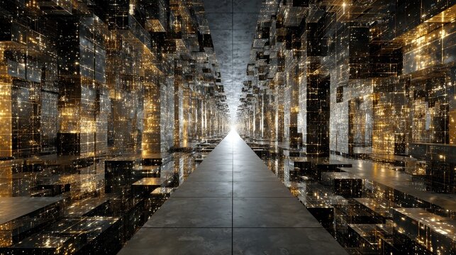 Endless three-dimensional metallic corridor with golden and black grids and cubes, representing compressed time, featuring dynamic motion, distorted gravity, and cinematic volumetric lighting