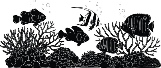 Black and White Tropical Fish and Coral Reef Illustration Isolated on White Background © SAIF820