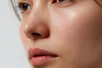 Naklejka premium Close up portrait of natural skin texture showing pores, soft sheen, subtle freckles and hydrated lips, conveying fresh skin care and gentle complexion glow