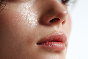 Fototapeta premium Close up of natural Japanese skin with visible pores and soft reflective glow on cheek and lips, subtle moisture and smooth texture conveying healthy skincare and intimate beauty