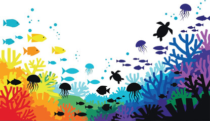 Colorful Underwater Coral Reef Scene with Tropical Fish, Jellyfish and Sea Turtle Silhouette © SAIF820