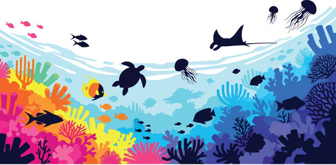 Colorful Coral Reef Underwater Scene with Sea Turtles and Tropical Fish in Vibrant Ocean Illustration © SAIF820