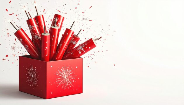 Festive red box overflowing with firecrackers and confetti.