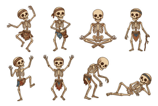 Skeletons tribal dancing animated characters ethnic costume dark brown skirt bones isolated white background. Cartoon skeletons meditation yoga seated position relaxation practice pose calm mind