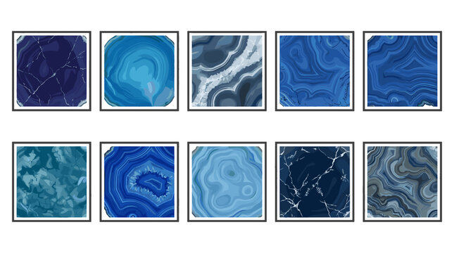 Collection of blue agate gemstone slices with intricate natural patterns