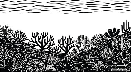 Black and White Coral Reef Illustration with Marine Seaweed and Underwater Nature Pattern © SAIF820