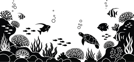 Black and White Underwater Coral Reef Scene with Tropical Fish and Sea Plants © SAIF820